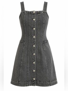 Free People Washed Black Denim Button Front Mini Dress | Size M | Like New
